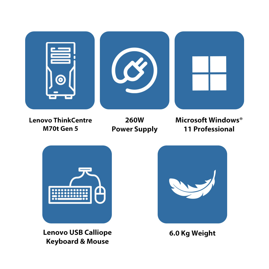 لينوفو ثينك سنتر M70t الجيل 5 - آي 5 / 32 جيجابايت / 32 جيجابايت / 1 تيرابايت (NVMe م.2 إس إس دي) / ويندوز 11 برو / ضمان سنة - كمبيوتر مكتبي