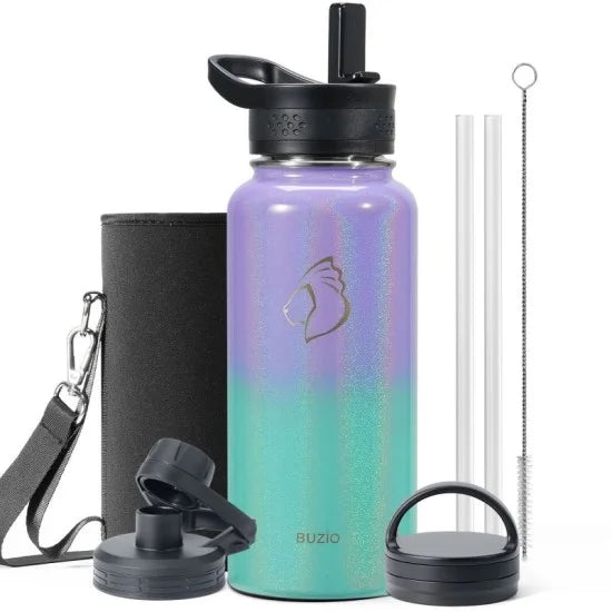Buzio Trio Series Water Bottle with 3 Lids and Sleeve 1L - Purple Green