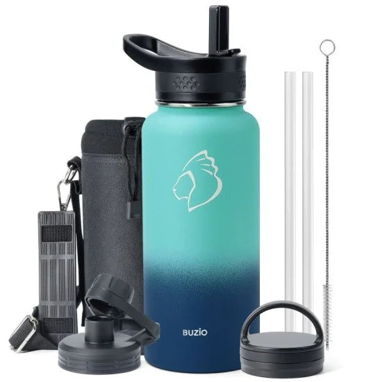 Buzio Trio Series Water Bottle with 3 Lids and Sleeve 1L - Caribbean Blue