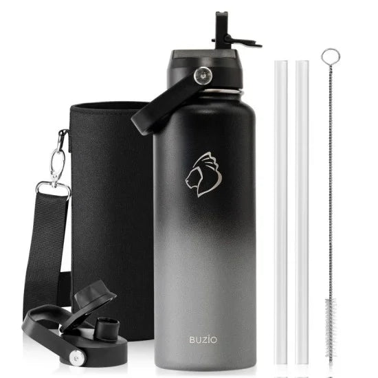 Buzio Duet Series Water Bottle with 2 Lids and Sleeve 1.2L - Shadow