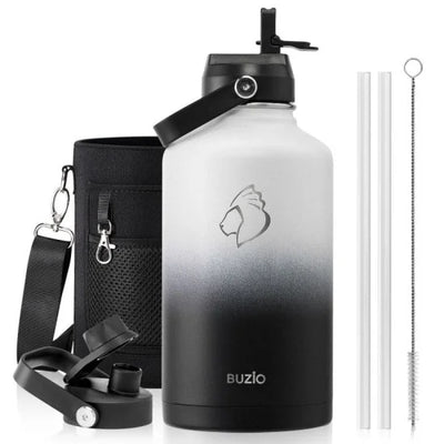 Buzio Duet Series Water Bottle with 2 Lids and Sleeve 1.9L - Black White