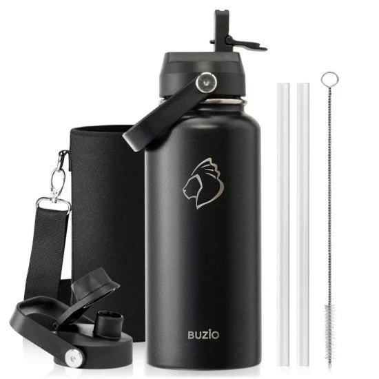Buzio Duet Series Water Bottle with 2 Lids and Sleeve 1L - Black