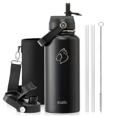 Buzio Duet Series Water Bottle with 2 Lids and Sleeve 1L - Black