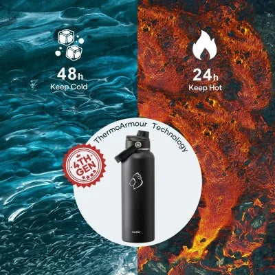 Buzio Duet Series Water Bottle with 2 Lids and Sleeve 1.2L - Black