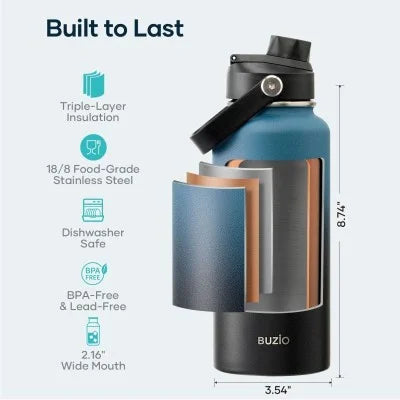 Buzio Duet Series Water Bottle with 2 Lids and Sleeve 1.2L - Indigo Crush