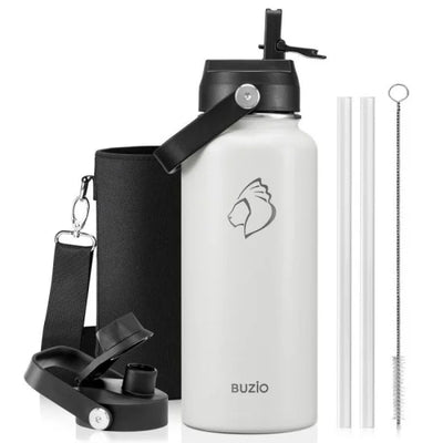 Buzio Duet Series Water Bottle with 2 Lids and Sleeve 1L - White