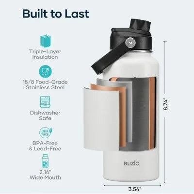 Buzio Duet Series Water Bottle with 2 Lids and Sleeve 1L - White
