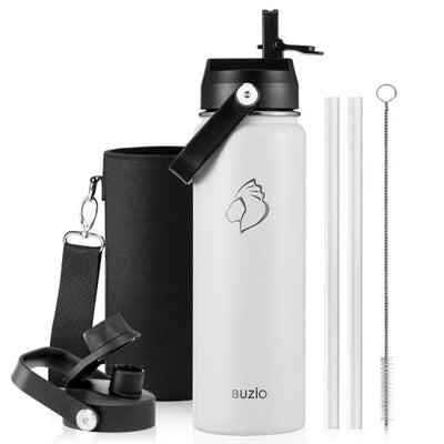 Buzio Duet Series Water Bottle with 2 Lids and Sleeve 700ML - White
