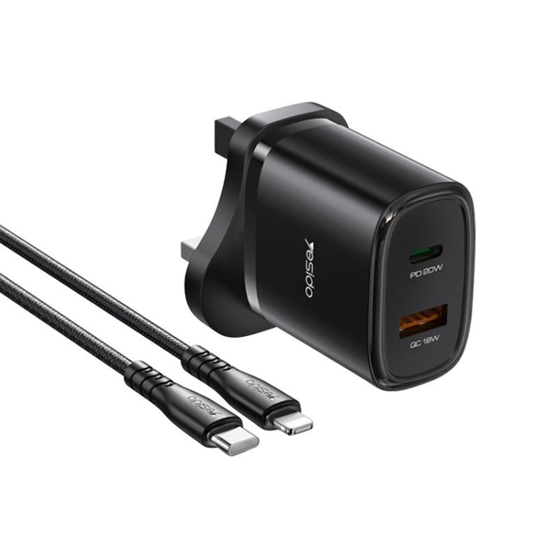 Yesido YC46 8 Pin Cable Travel Charger - 1M / USB / Type-C - Black