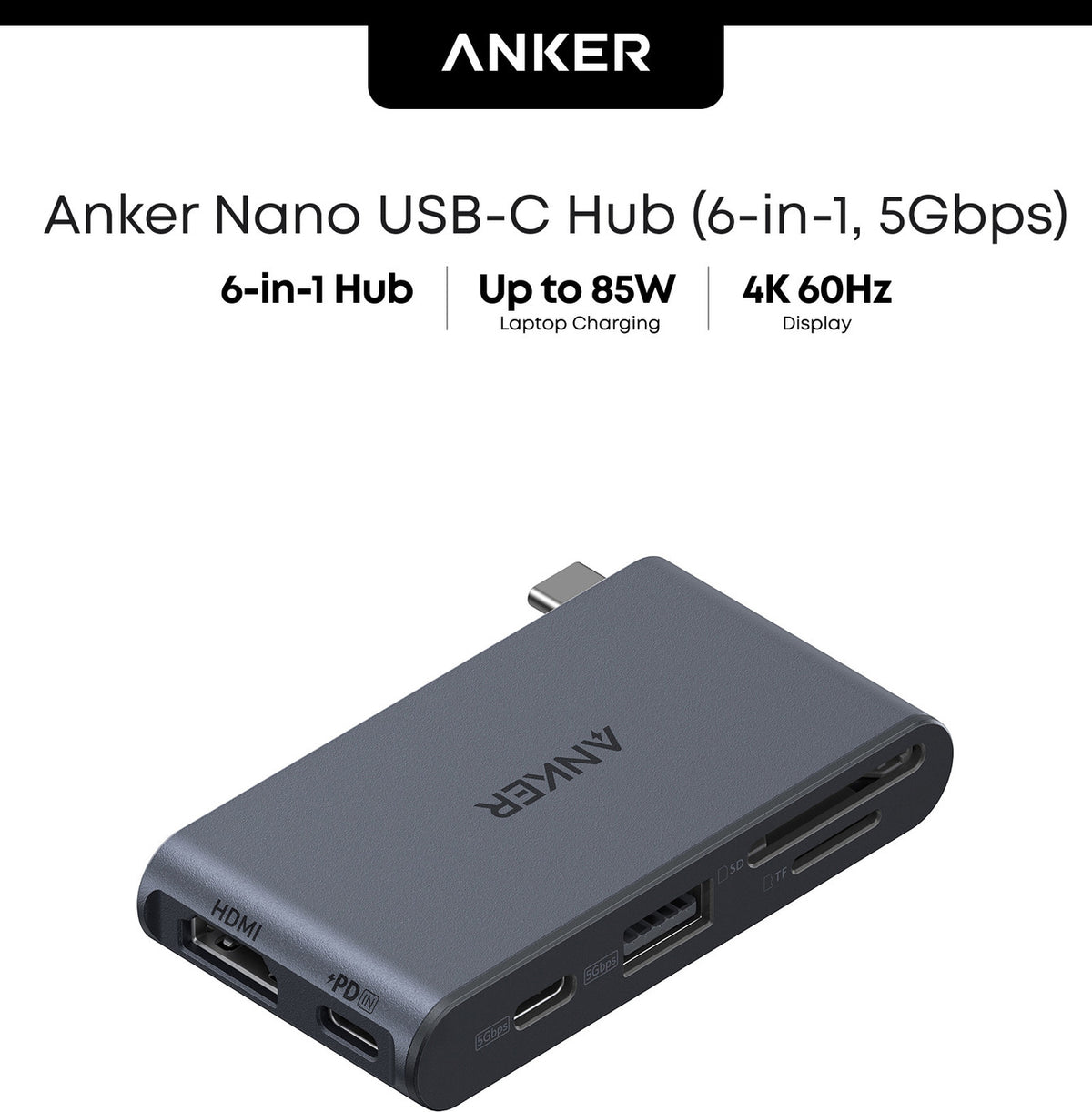 Anker 6-in-1 Anker Nano USB-C Hub - Up to 85W / 5Gbps / USB-A / USB-C / Black