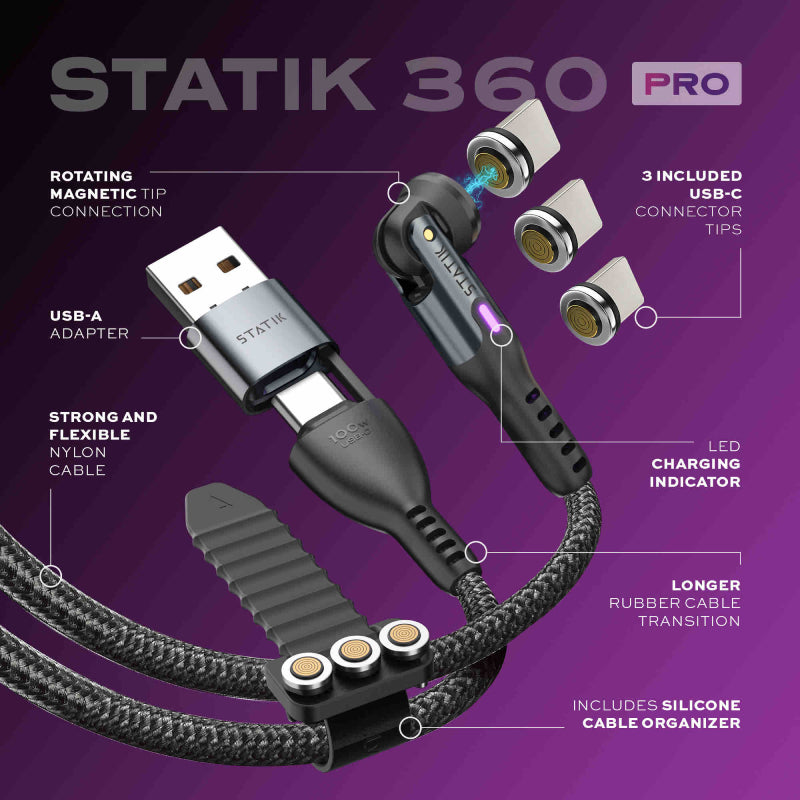 Statik 360 Pro 2.0 Magnetic Tip USB-C Cable 90cm (Pack Of 3)