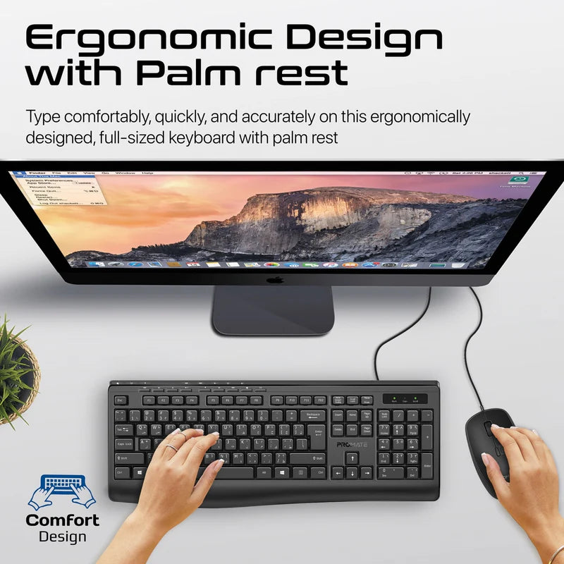 PROMATE ErgoComfort Wired Keyboard with Media Keys and 2400 DPI Mouse - Black