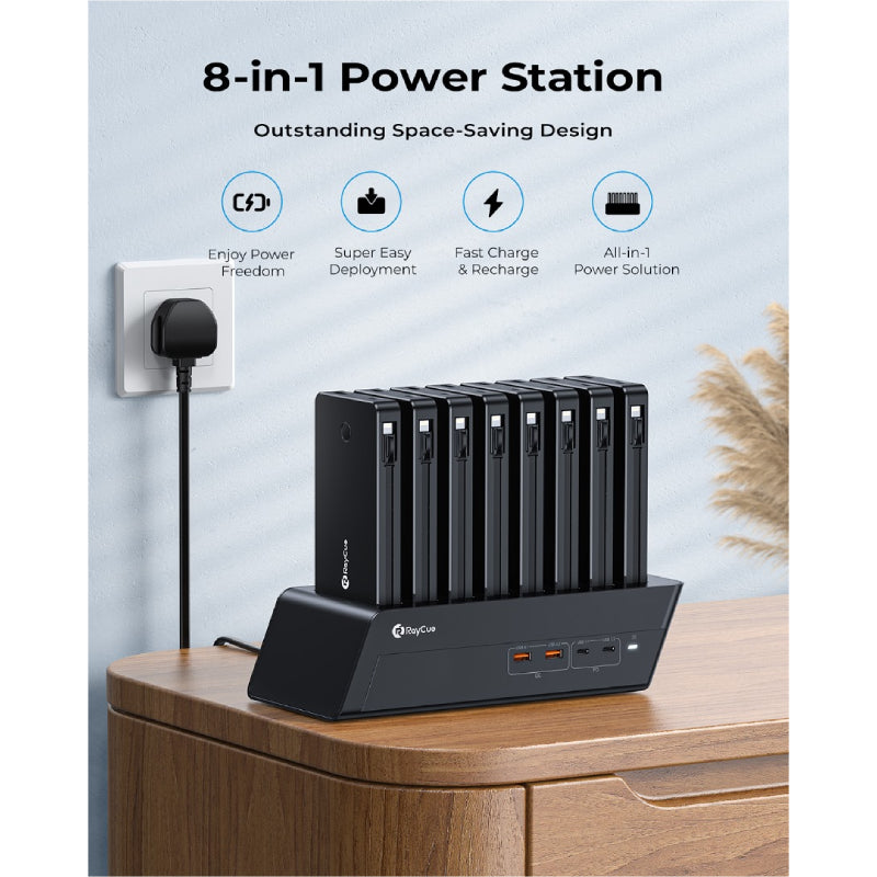 Raycue BoostDock 8 in 1 Charging Station Combo Power Bank (UK) - 8x 10000mAh / 18W / USB-C / Black