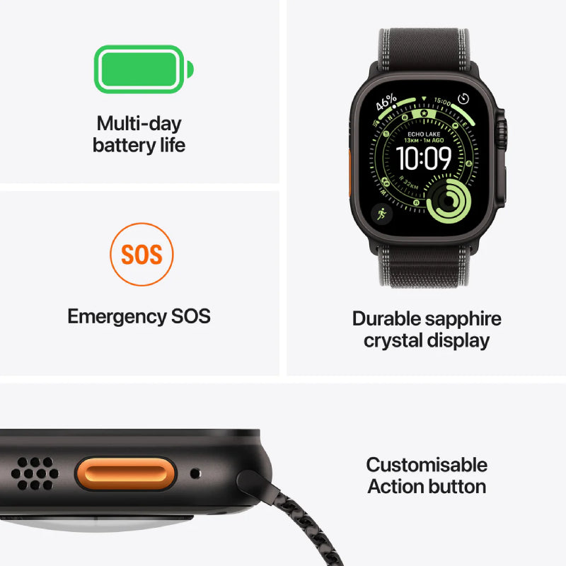 Apple Watch Ultra 3 - LTPO OLED / 64GB / 49mm / Bluetooth / Wi-Fi / Cellular / Small/Medium / Black Titanium Case with