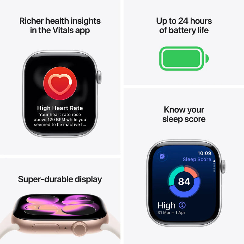 ابل ساعة الإصدار 11 - LTPO OLED / 64 جيجابايت / 46 ملم / بلوتوث / بلوتوث  واي-فاي / متوسط/ كبير / فضي ألمنيوم حافظة مع الأرجواني