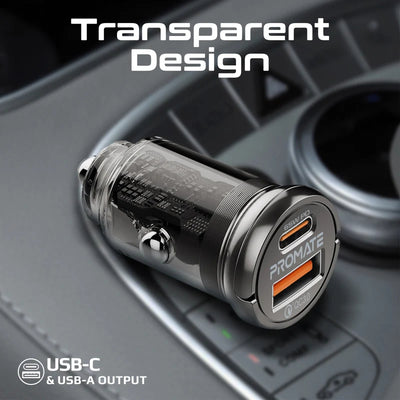PROMATE RapidCharge Transparent Mini Car Charger with Power Delivery & QC 3.0 - 65W / USB-A / USB-C