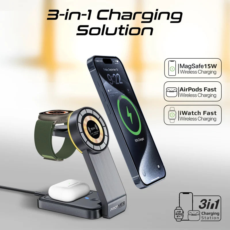 محطةلاسلكي PROMATE 3 في 1 قابلة للطي مع  ماج سيف  ضوء  مع  ضوء  15 واط