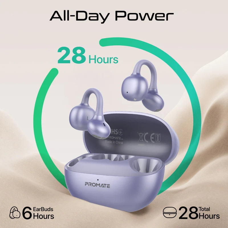PROMATE AirClip-Pro Open Ear TWS Earbuds - Bluetooth / 500mAh / Purple