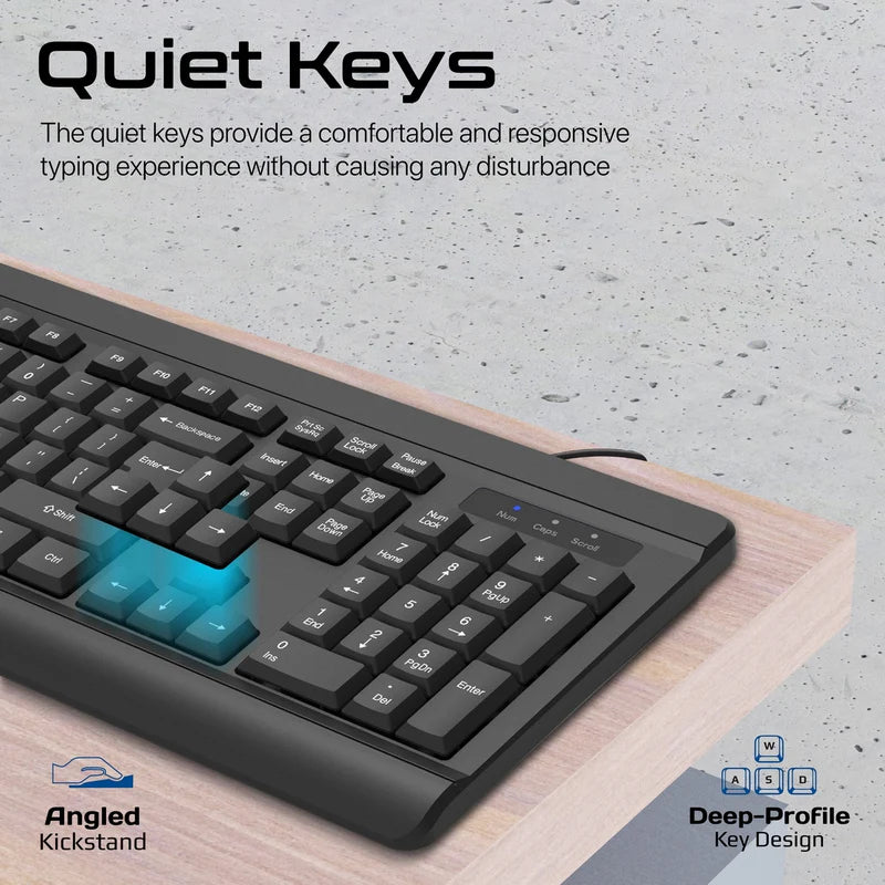 PROMATE Quiet Keys Wired Keyboard and Mouse - 1200 DPI