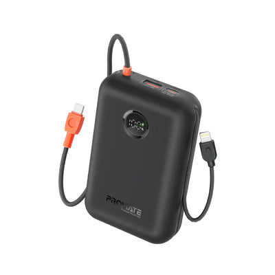 PROMATE PowerPod-30 Compact Power Bank with Built-In USB-C & Lightning Cable - 30000mAh / 35W / Black
