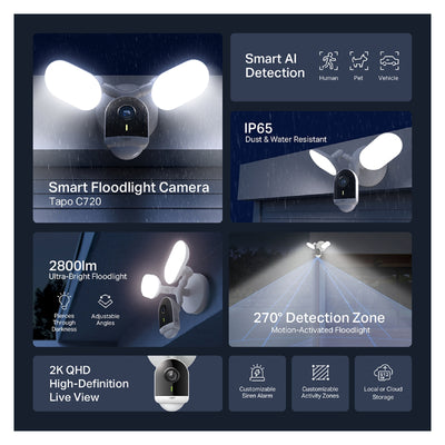 TP-Link TAPO C720 Smart Floodlight Camera - 2K QHD / Up to 15fps / Two-Way / AI Detection / Night Vision