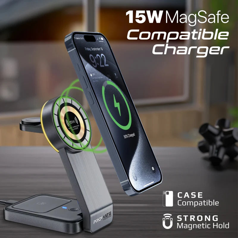 محطةلاسلكي PROMATE 3 في 1 قابلة للطي مع  ماج سيف  ضوء  مع  ضوء  15 واط