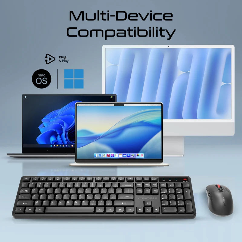 PROMATE Ergonomic Wireless Keyboard with Silent Keys and Mouse - 5000DPI