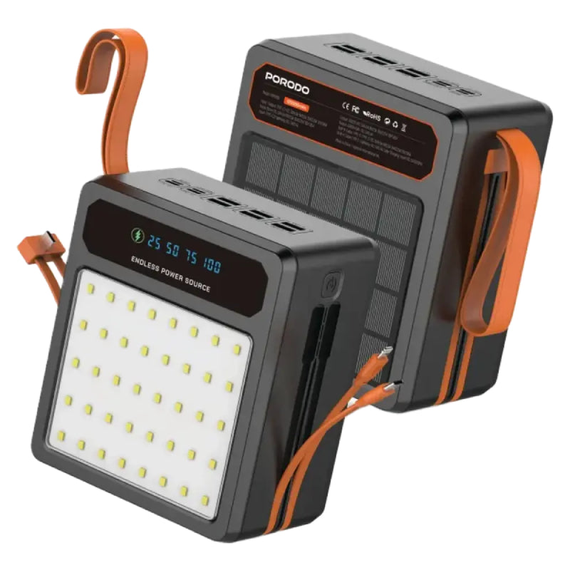 Porodo Larousse Solar Power Bank with LED Light and Built-in Cables - 160000mAh / 22.5W / USB-A / USB-C / Black