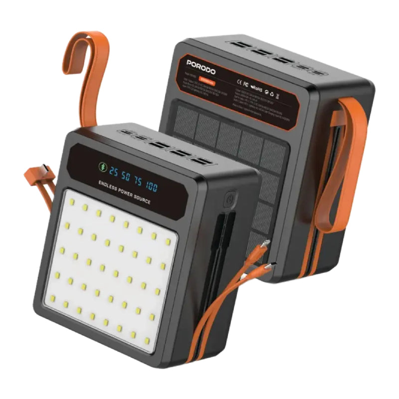 Porodo Larousse Solar طاقة  مع ضوء ال اي دي كبلات  بلت-ان كبلات  120000mAh / 22.5W / يو اس بي/ يو اس بي/ أسود