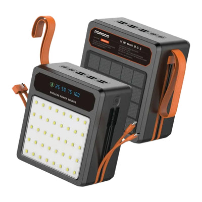 Porodo Larousse Solar Power Bank with LED Light and Built-in Cables - 120000mAh / 22.5W / USB-A / USB-C / Black