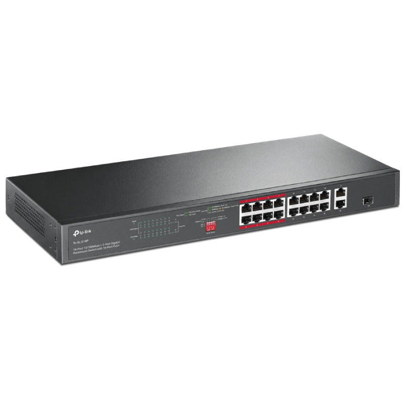 TP-Link (TL-SL1218P) 16-Port 10/100 Mbps + 2-Port Gigabit Rackmount Switch with 16-Port PoE+ - 7.2Gbps / LAN