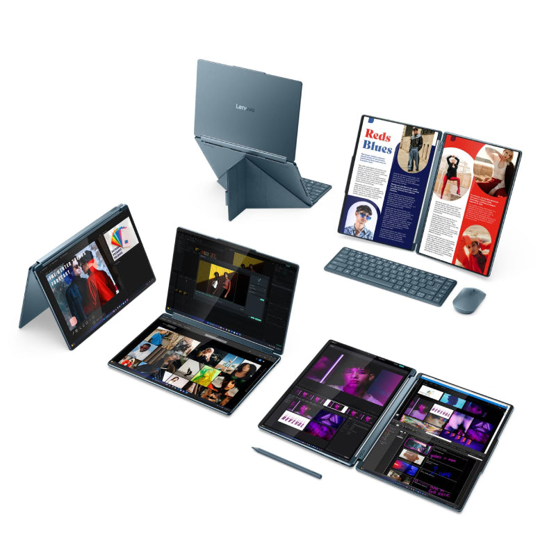 Lenovo Yoga Book 9 Gen 10 AI PC - 2x 14" 2.8K WQXGA+ (2880x1800) OLED Multi-Touch / Ultra 7 255H / 32GB / 1TB (NVMe M.2 SSD) / Win 11 Home / 2YW / Arabic/English / Yoga Slim Mouse + Folio Stand + Lenovo YOGA 14-inch Sleeve (Tidal Teal) - Laptop