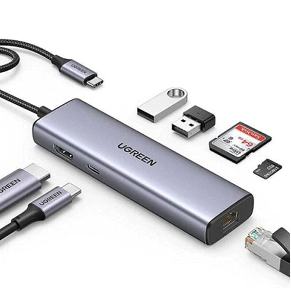 Adapter Hub UGREEN, USB-C to 2x USB 3.0, HDMI 4K30Hz, RJ45, SD/TF (CM512 90568)