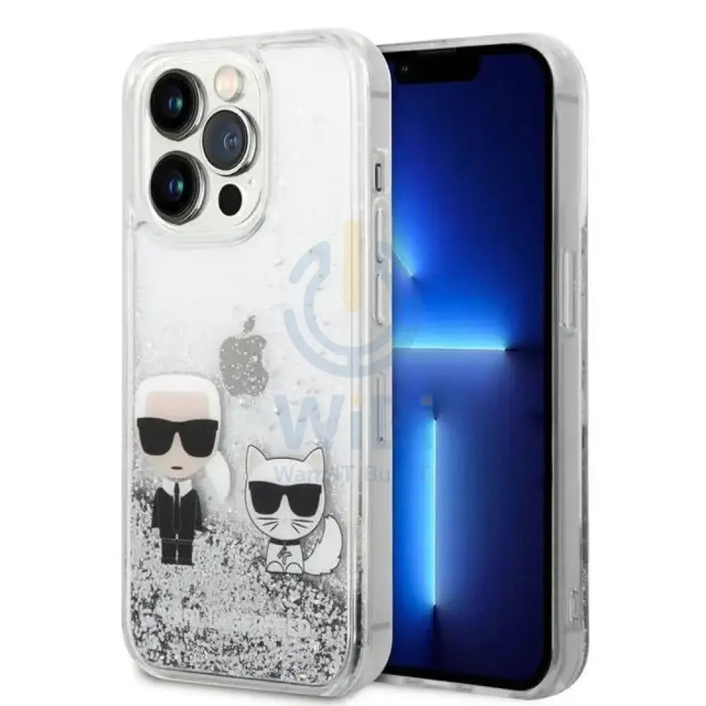 Apple iPhone 14 Pro - Silver Karl Lagerfeld Liquid Glitter Case and Karl and Choupette Head Accessories > Mobiles &