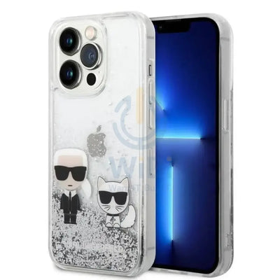 Apple iPhone 14 Pro - Silver Karl Lagerfeld Liquid Glitter Case and Karl and Choupette Head Accessories > Mobiles &