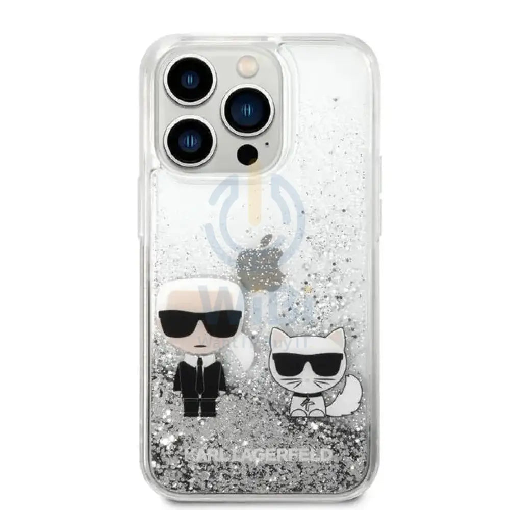 Apple iPhone 14 Pro - Silver Karl Lagerfeld Liquid Glitter Case and Karl and Choupette Head Accessories > Mobiles &