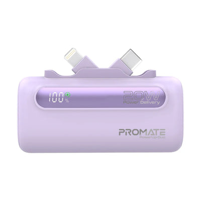PROMATE PowerUp-Duo Ultra-Compact Fast Charging Power Bank - 20W / USB-C / Lightning / Purple