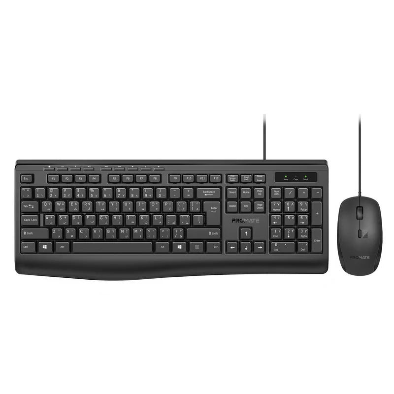 PROMATE ErgoComfort Wired Keyboard with Media Keys and 2400 DPI Mouse - Black