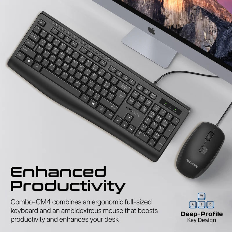 PROMATE ErgoComfort Wired Keyboard with Media Keys and 2400 DPI Mouse - Black