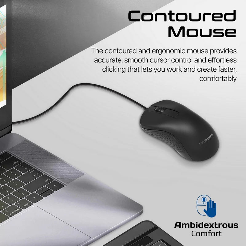 PROMATE Quiet Keys Wired Keyboard and 1200 DPI Mouse - Black