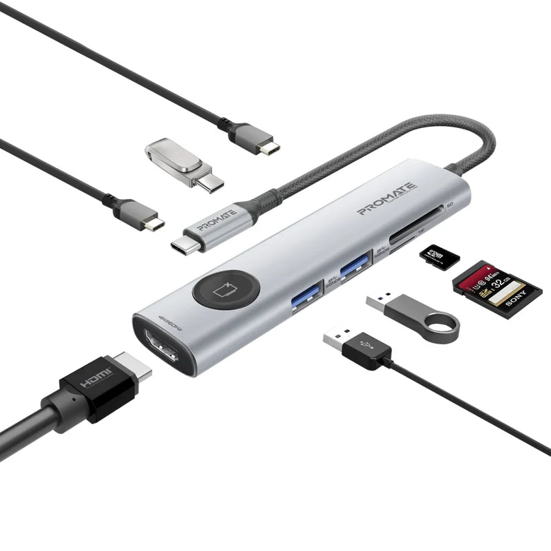 PROMATE ComandHub-Lite 9-in-1 Multi-Function يو اس بي موزع  رمادي
