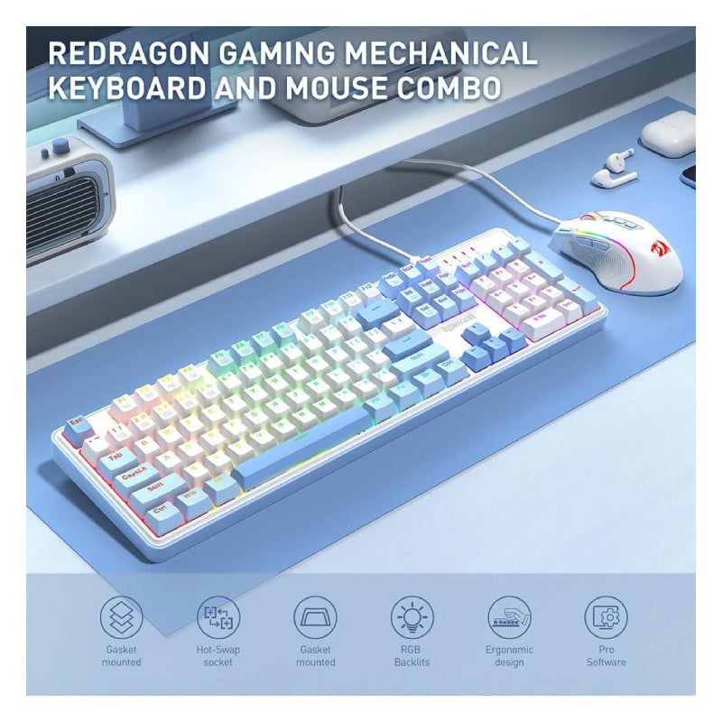 Redragon S139 The Perfect Gaming Combo (Mechanical Keyboard and Mouse Combo Set) - Wired / White/Blue
