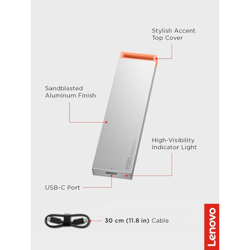 Lenovo PS8S Portable SSD - 2TB / up to 1050 MB/S / USB-C / Cool Grey