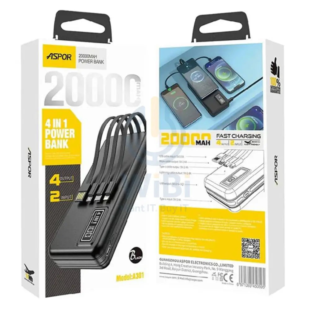 Aspor A301 4-in-1 Power Bank - 20,000mAh / Lightning / Type-C / Micro USB / USB-A / Black Accessories > Power Bank