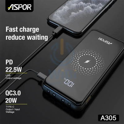 Aspor A305 10000mAh 15W Wireless + 4 Cables Power Bank Accessories > Power Bank
