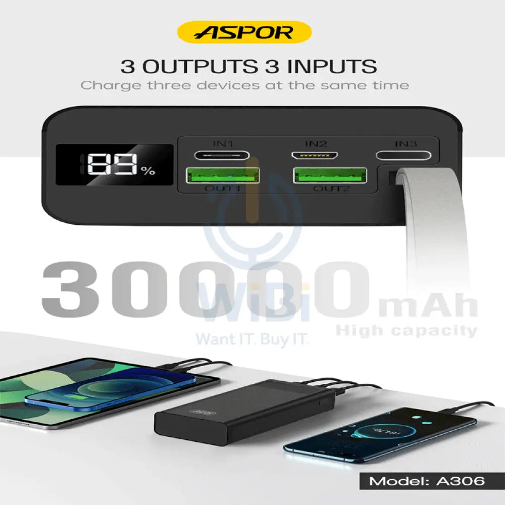Aspor A306 Power Bank - 30000mAh / 20W / Micro USB / Type-C / Lightning / Black Accessories > Power Bank