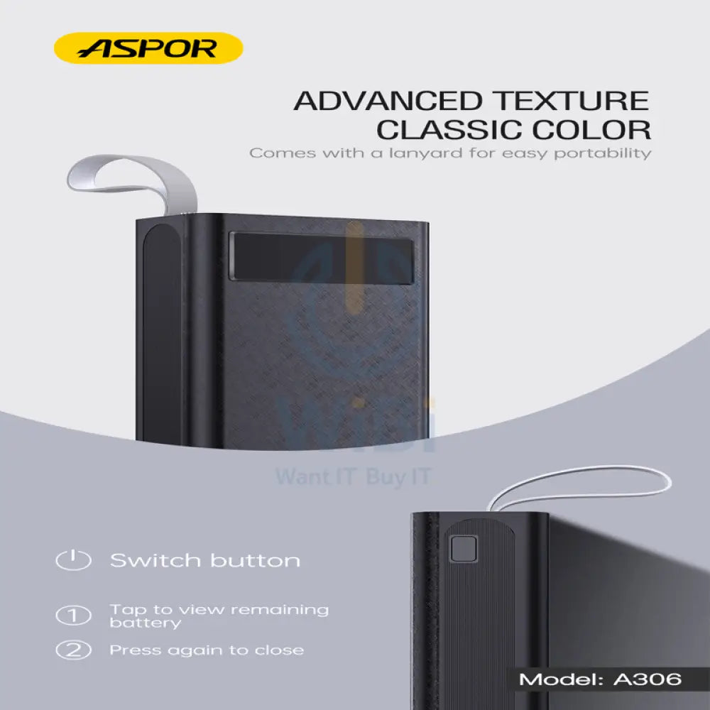 Aspor A306 Power Bank - 30000mAh / 20W / Micro USB / Type-C / Lightning / Black Accessories > Power Bank