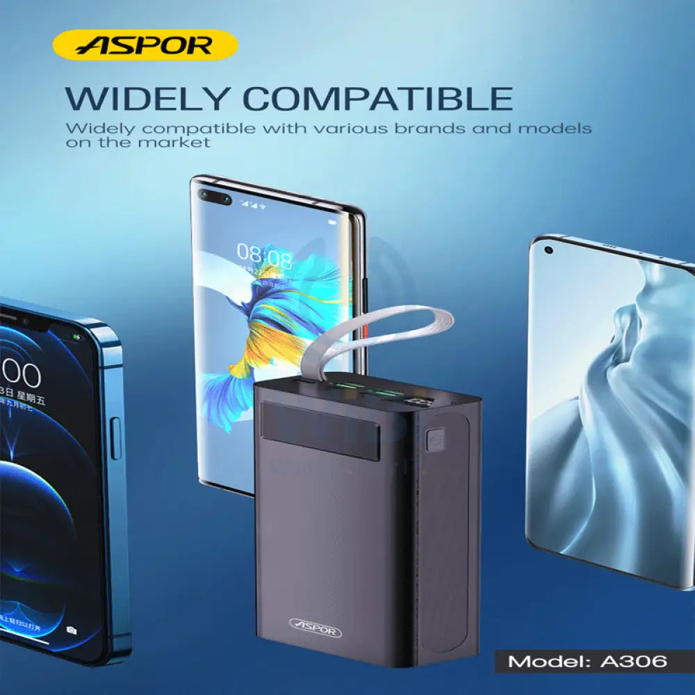 Aspor A306 Power Bank - 30000mAh / 20W / Micro USB / Type-C / Lightning / Black Accessories > Power Bank