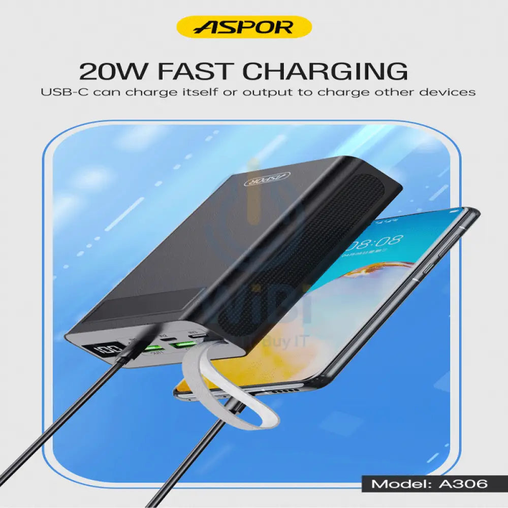 Aspor A306 Power Bank - 30000mAh / 20W / Micro USB / Type-C / Lightning / Black Accessories > Power Bank