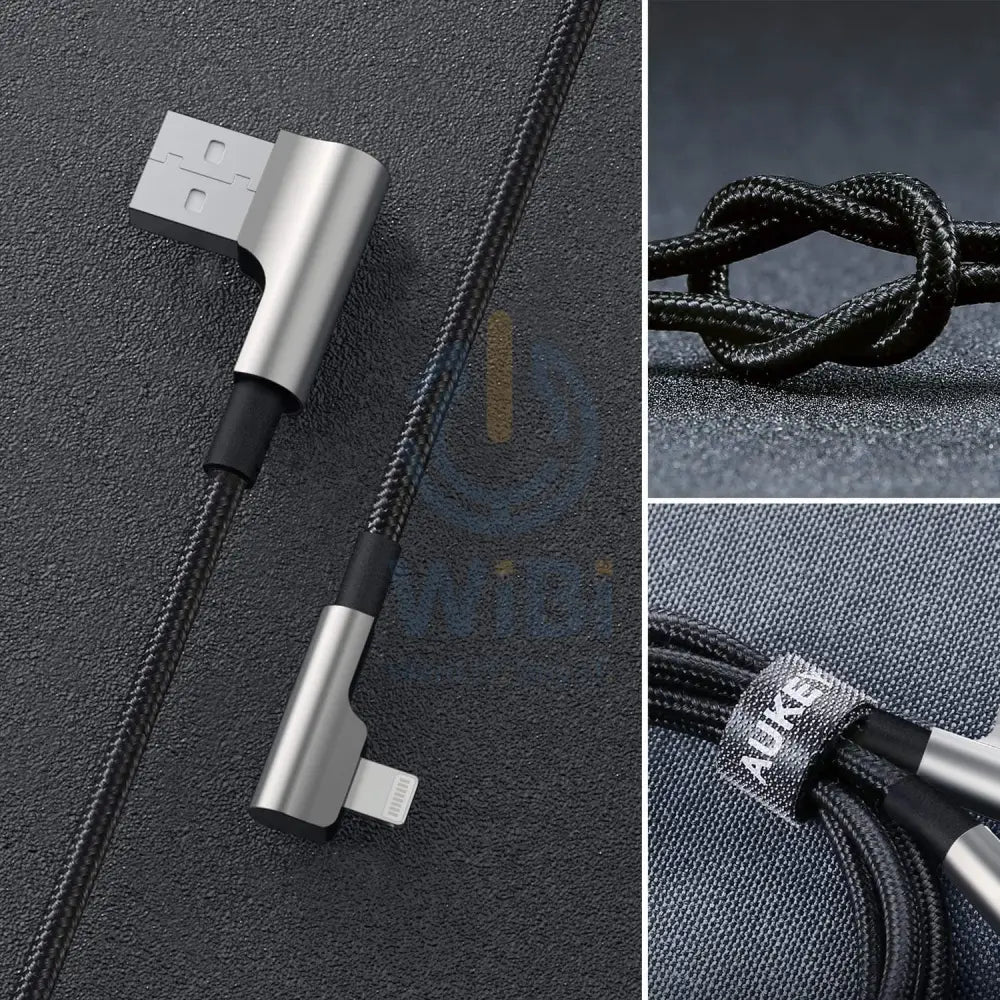 AUKEY 90 Degree Braided Nylon Sync & Charge Lightning Cable (1.2m / 3.95ft) - Black Accessories > Cables & Converters >